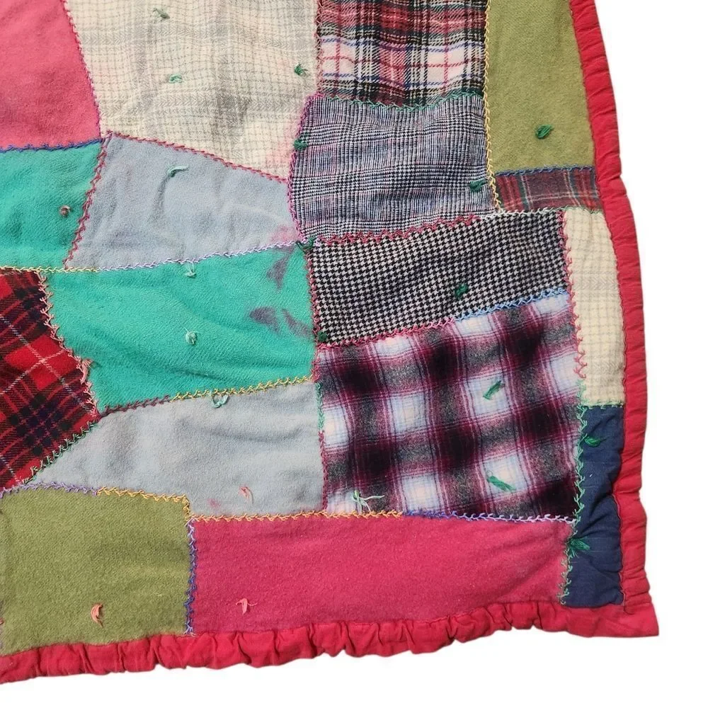 Vintage Handmade Patchwork Crazy Quilt Camp Blanket Wool Blend 78x62 Red Blue